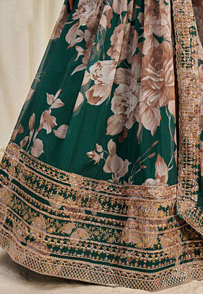 Digital Printed Organza Lehenga in Teal Green