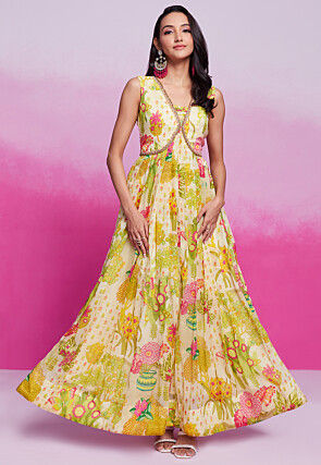 Digital Printed Organza Maxi Dress in Light Beige