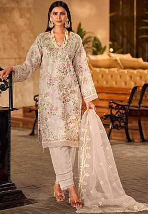 Digital Printed Organza Pakistani Suit in Beige