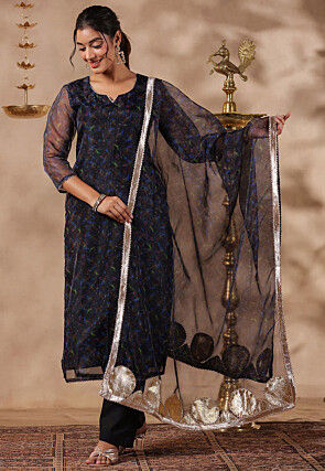 Digital Printed Organza Pakistani Suit in Black