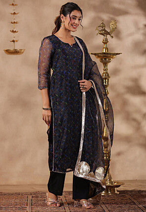 Digital Printed Organza Pakistani Suit in Black