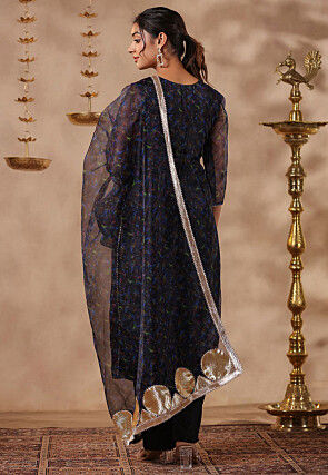 Digital Printed Organza Pakistani Suit in Black