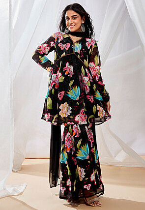Digital Printed Organza Pakistani Suit in Black
