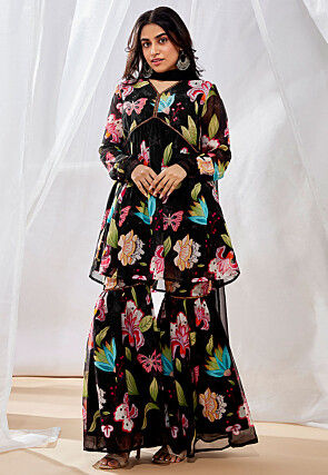 Digital Printed Organza Pakistani Suit in Black