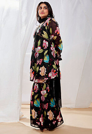 Digital Printed Organza Pakistani Suit in Black