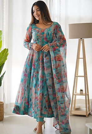 Digital Printed Organza Pakistani Suit in Blue and Multicolor