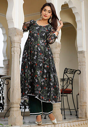 Digital Printed Organza Pakistani Suit in Dark Green