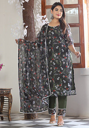 Digital Printed Organza Pakistani Suit in Dark Green