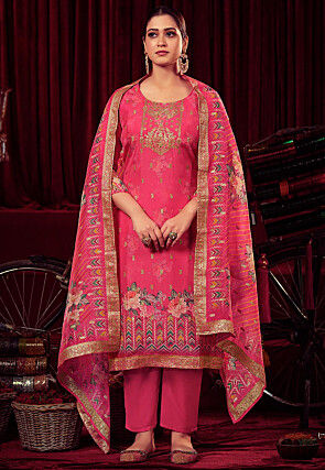 Digital Printed Organza Pakistani Suit in Fuchsia