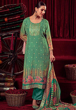 Digital Printed Organza Pakistani Suit in Green