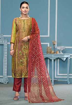 Digital Printed Organza Pakistani Suit in Green