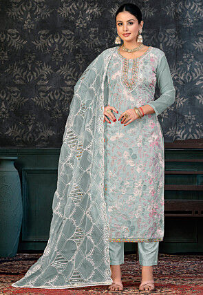 Digital Printed Organza Pakistani Suit in Grey