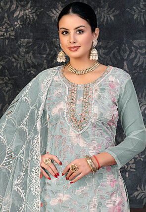 Digital Printed Organza Pakistani Suit in Grey