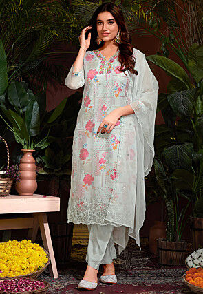 Digital Printed Organza Pakistani Suit in Grey