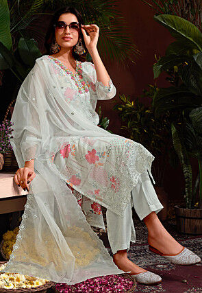 Digital Printed Organza Pakistani Suit in Grey