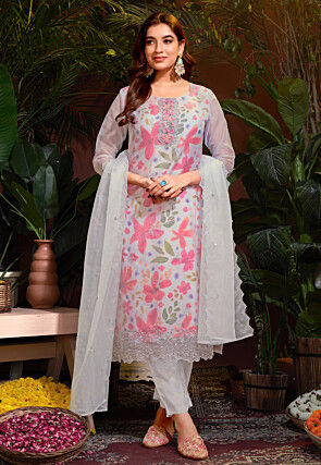 Digital Printed Organza Pakistani Suit in Grey