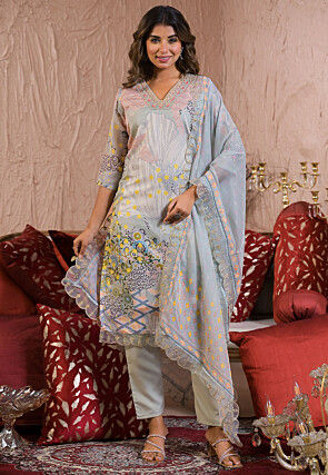 Digital Printed Organza Pakistani Suit in Light Grey