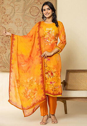 Digital Printed Organza Pakistani Suit in Light Orange