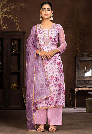 Digital Printed Organza Pakistani Suit in Light Purple