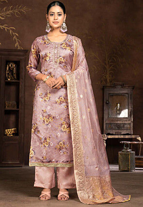 Digital Printed Organza Pakistani Suit in Light Purple