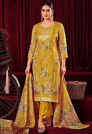 Digital Printed Organza Pakistani Suit in Mustard