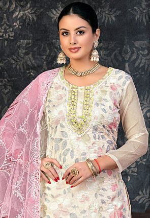 Digital Printed Organza Pakistani Suit in Off White