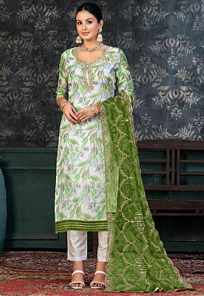 Digital Printed Organza Pakistani Suit in Off White