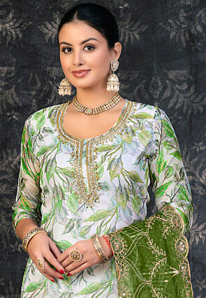 Digital Printed Organza Pakistani Suit in Off White