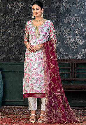 Digital Printed Organza Pakistani Suit in Off White