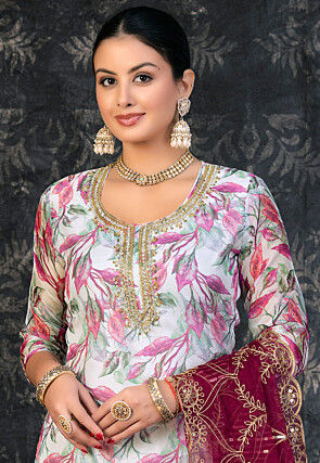 Digital Printed Organza Pakistani Suit in Off White