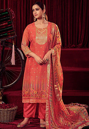 Digital Printed Organza Pakistani Suit in Orange