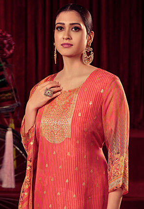 Digital Printed Organza Pakistani Suit in Orange