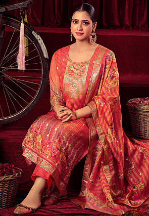 Digital Printed Organza Pakistani Suit in Orange