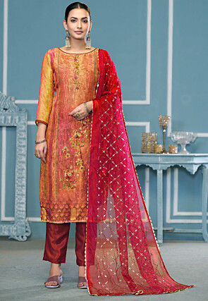Digital Printed Organza Pakistani Suit in Orange