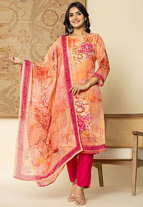 Digital Printed Organza Pakistani Suit in Peach and Pink