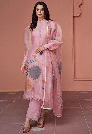 Digital Printed Organza Pakistani Suit in Pink