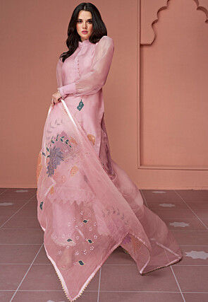 Digital Printed Organza Pakistani Suit in Pink