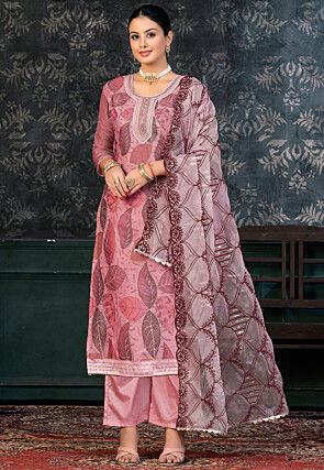 Digital Printed Organza Pakistani Suit in Pink
