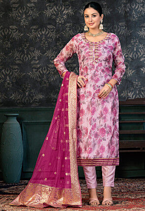 Digital Printed Organza Pakistani Suit in Pink