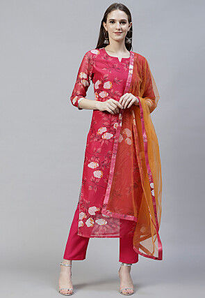Digital Printed Organza Pakistani Suit in Pink