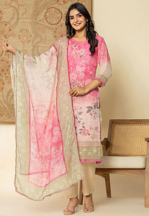 Digital Printed Organza Pakistani Suit in Pink