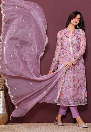 Digital Printed Organza Pakistani Suit in Purple