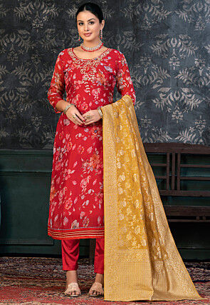 Digital Printed Organza Pakistani Suit in Red