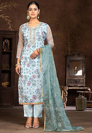 Digital Printed Organza Pakistani Suit in Sky Blue