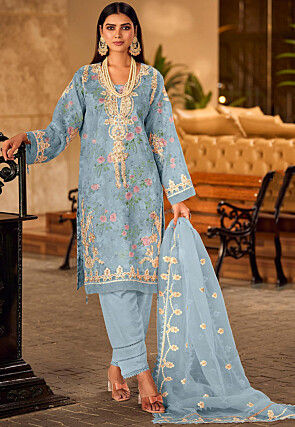 Digital Printed Organza Pakistani Suit in Sky Blue