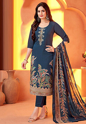 Digital Printed Organza Pakistani Suit in Teal Blue