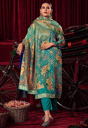 Digital Printed Organza Pakistani Suit in Teal Blue