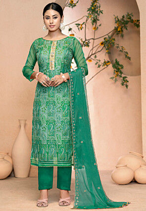 Digital Printed Organza Pakistani Suit in Teal Green