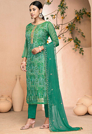 Digital Printed Organza Pakistani Suit in Teal Green