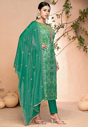 Digital Printed Organza Pakistani Suit in Teal Green